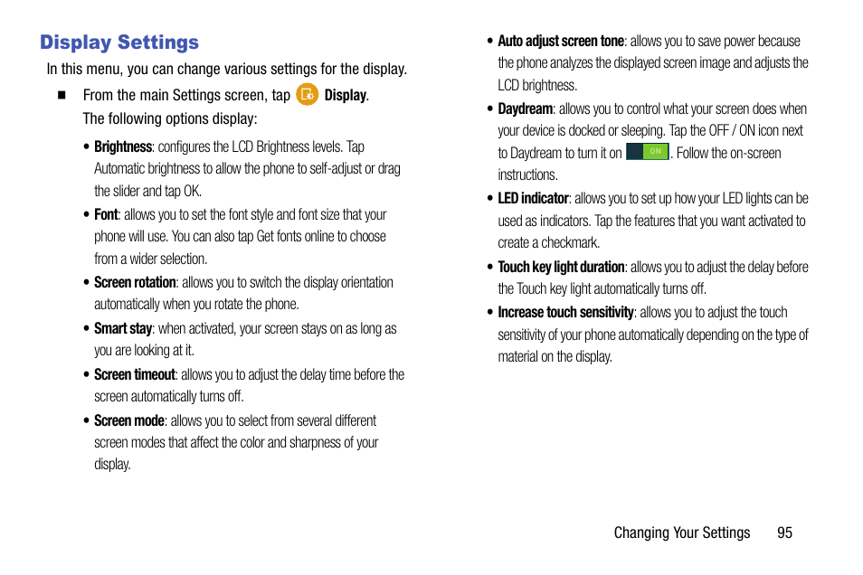 Display settings | Samsung galaxy S5 User Manual | Page 103 / 214