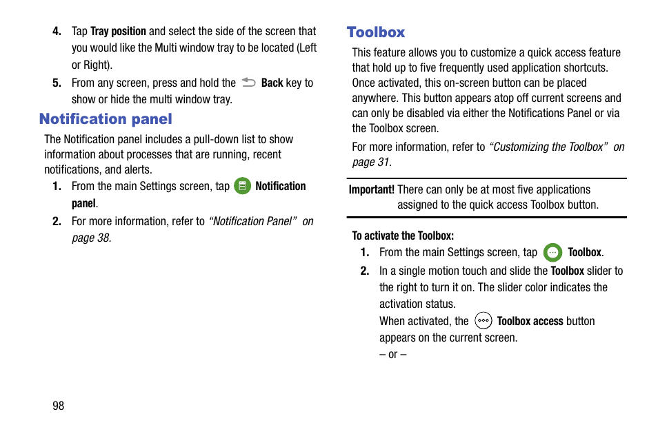 Notification panel, Toolbox, Notification panel toolbox | Samsung galaxy S5 User Manual | Page 106 / 214