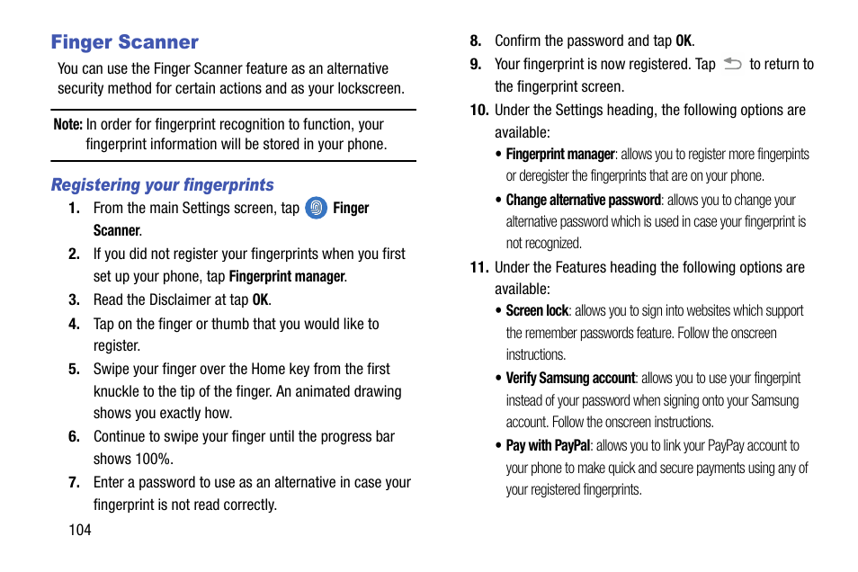Finger scanner | Samsung galaxy S5 User Manual | Page 112 / 214