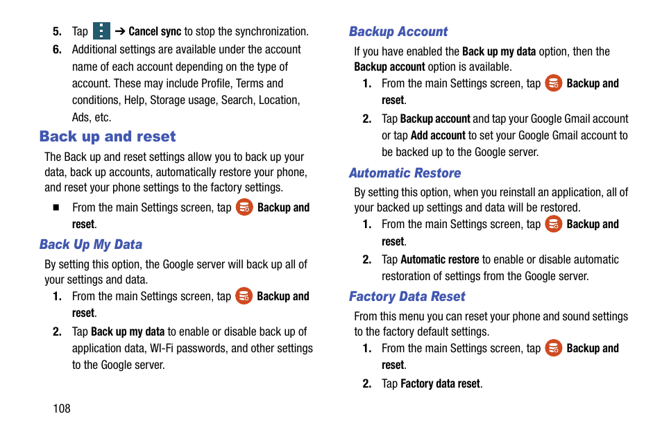 Back up and reset | Samsung galaxy S5 User Manual | Page 116 / 214