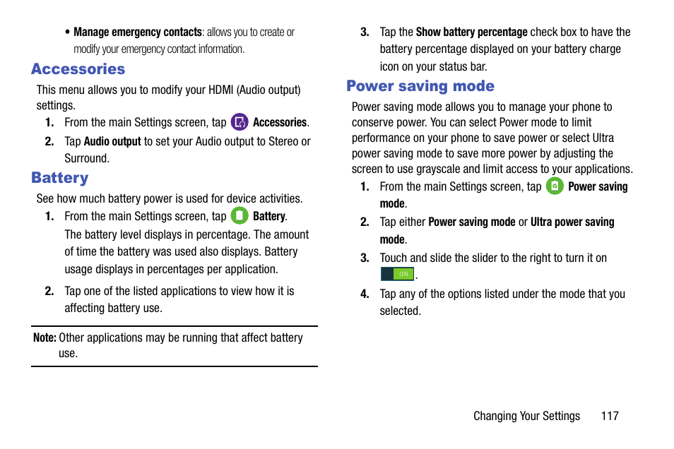 Accessories, Battery, Power saving mode | Accessories battery power saving mode | Samsung galaxy S5 User Manual | Page 125 / 214