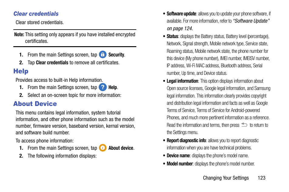 Help, About device, Help about device | Samsung galaxy S5 User Manual | Page 131 / 214