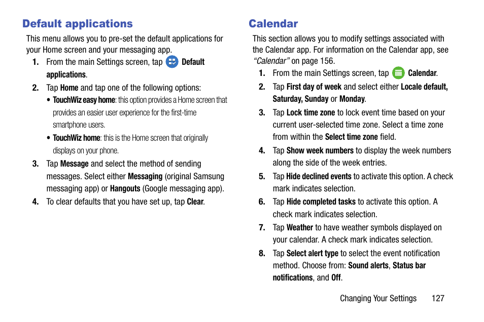 Default applications, Calendar, Default applications calendar | Samsung galaxy S5 User Manual | Page 135 / 214