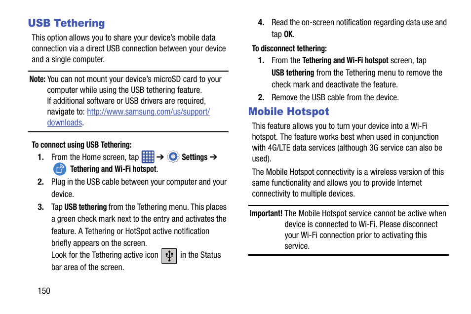 Usb tethering, Mobile hotspot, Usb tethering mobile hotspot | Samsung galaxy S5 User Manual | Page 158 / 214