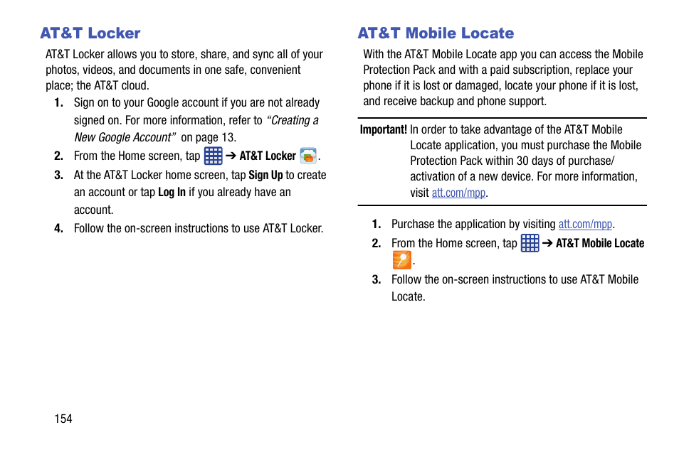 At&t locker, At&t mobile locate, At&t locker at&t mobile locate | Samsung galaxy S5 User Manual | Page 162 / 214