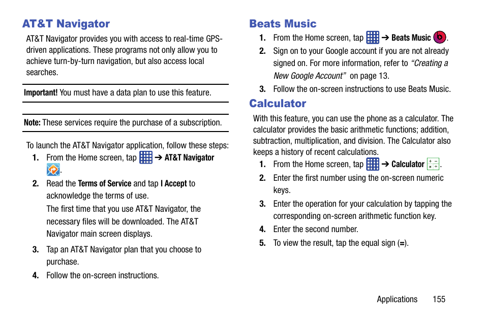 At&t navigator, Beats music, Calculator | At&t navigator beats music calculator | Samsung galaxy S5 User Manual | Page 163 / 214