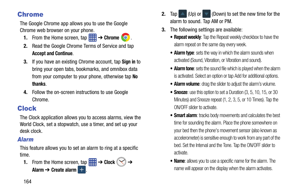 Chrome, Clock, Chrome clock | Samsung galaxy S5 User Manual | Page 172 / 214