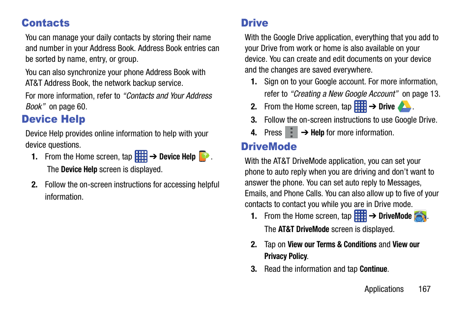 Contacts, Device help, Drive | Drivemode, Contacts device help drive drivemode | Samsung galaxy S5 User Manual | Page 175 / 214