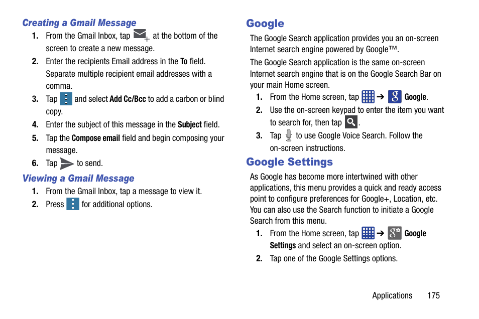 Google, Google settings, Google google settings | Samsung galaxy S5 User Manual | Page 183 / 214