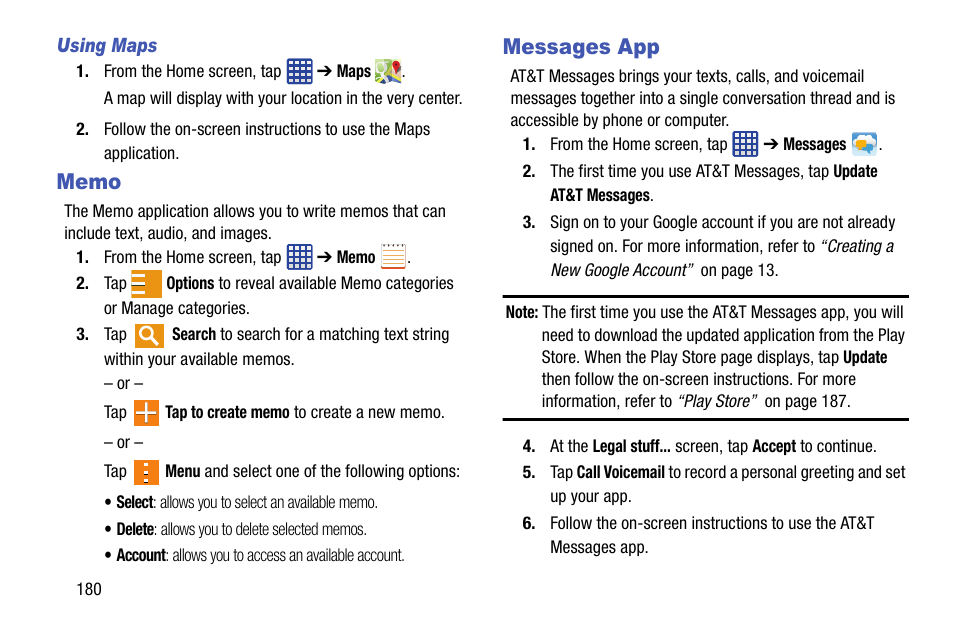 Memo, Messages app, Memo messages app | Samsung galaxy S5 User Manual | Page 188 / 214