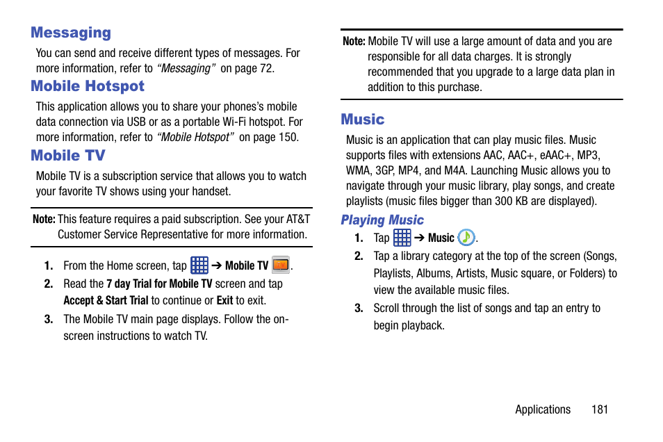 Messaging, Mobile hotspot, Mobile tv | Music, Messaging mobile hotspot mobile tv music | Samsung galaxy S5 User Manual | Page 189 / 214