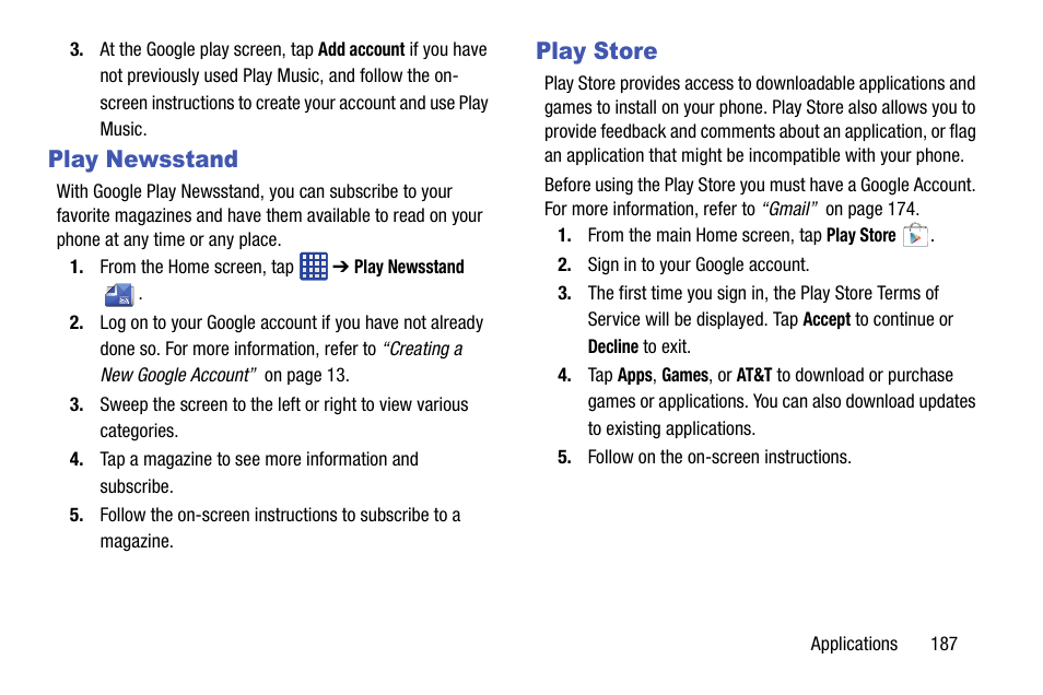 Play newsstand, Play store, Play newsstand play store | Samsung galaxy S5 User Manual | Page 195 / 214