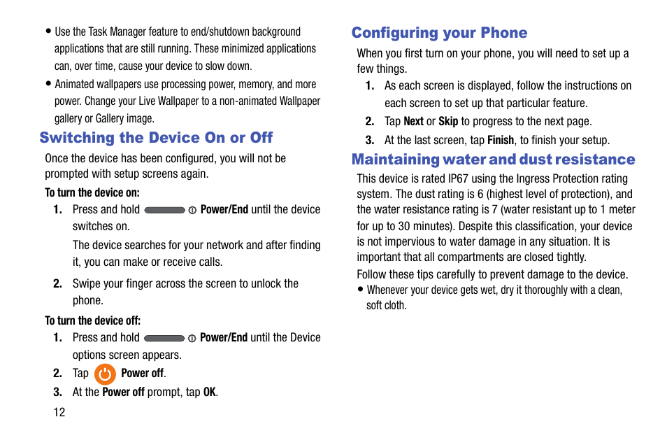 Switching the device on or off, Configuring your phone, Maintaining water and dust resistance | Samsung galaxy S5 User Manual | Page 20 / 214