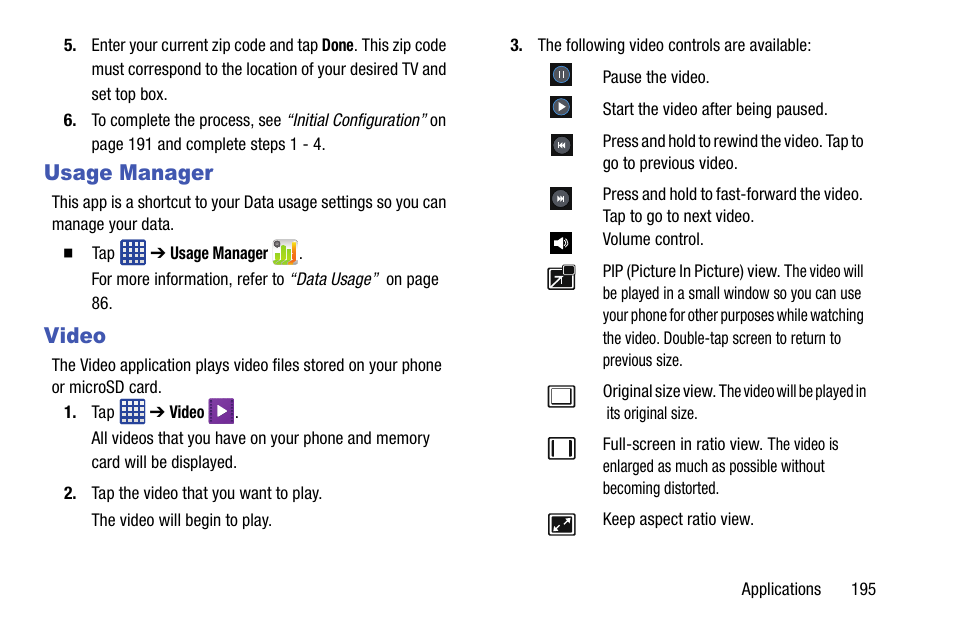 Usage manager, Video, Usage manager video | Samsung galaxy S5 User Manual | Page 203 / 214