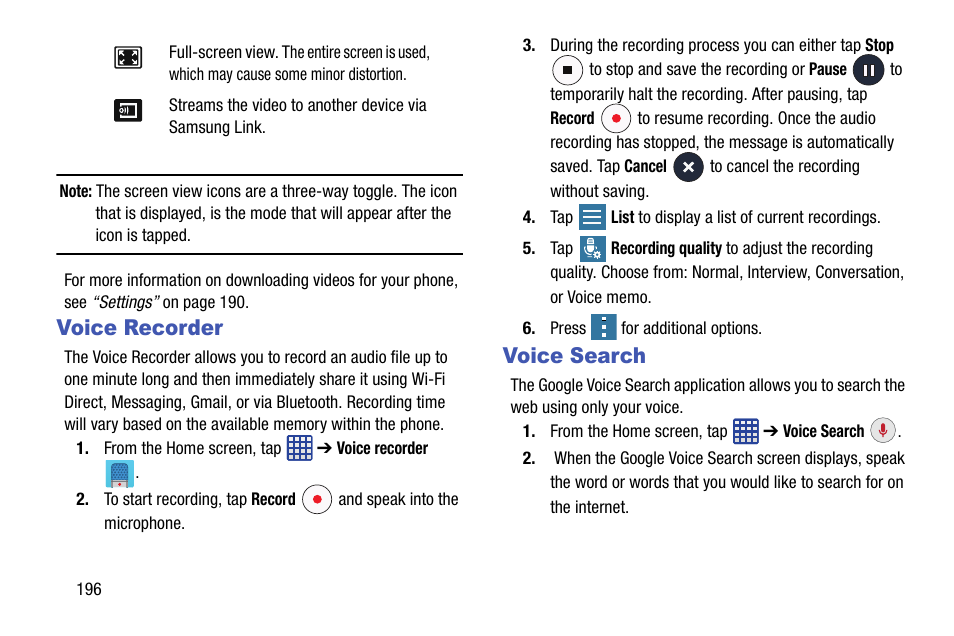 Voice recorder, Voice search, Voice recorder voice search | Samsung galaxy S5 User Manual | Page 204 / 214