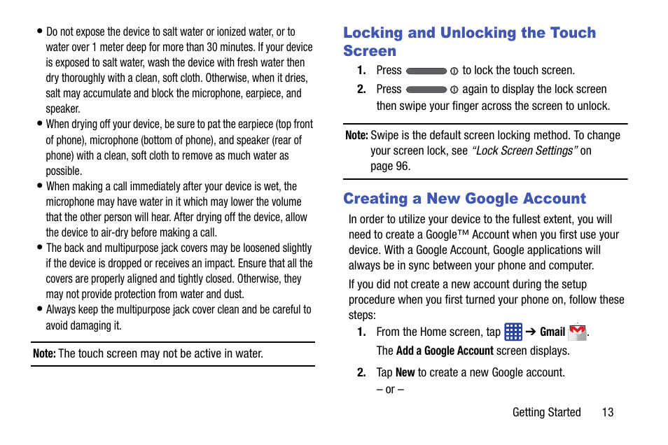 Locking and unlocking the touch screen, Creating a new google account | Samsung galaxy S5 User Manual | Page 21 / 214