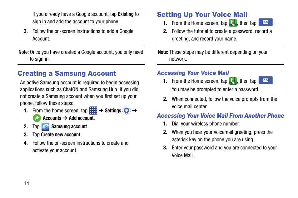 Creating a samsung account, Setting up your voice mail | Samsung galaxy S5 User Manual | Page 22 / 214