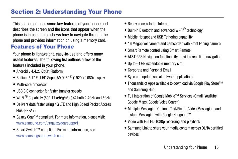 Section 2: understanding your phone, Features of your phone | Samsung galaxy S5 User Manual | Page 23 / 214