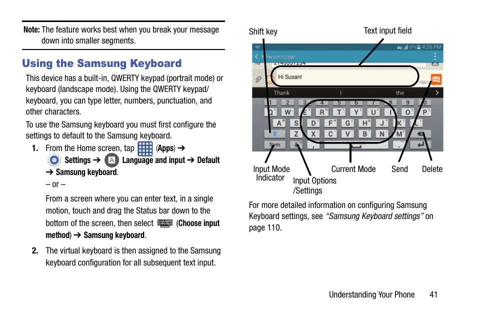 Using the samsung keyboard | Samsung galaxy S5 User Manual | Page 49 / 214