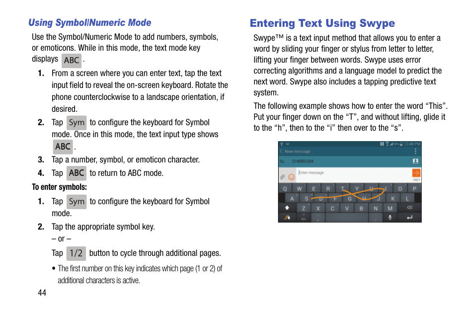 Entering text using swype | Samsung galaxy S5 User Manual | Page 52 / 214