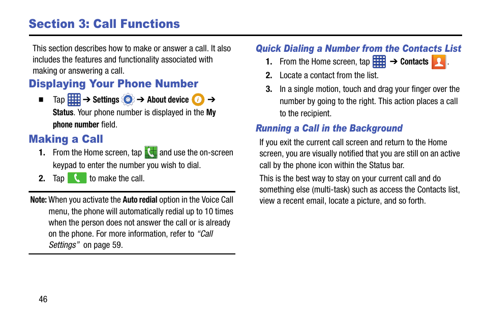 Section 3: call functions, Displaying your phone number, Making a call | Displaying your phone number making a call | Samsung galaxy S5 User Manual | Page 54 / 214