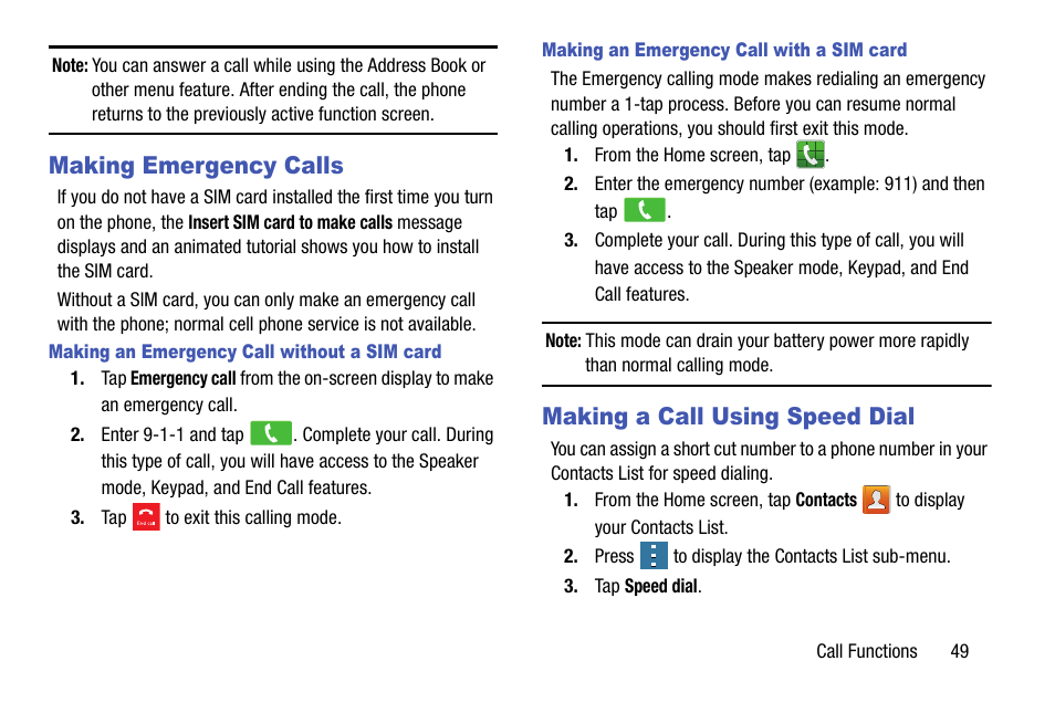 Making emergency calls, Making a call using speed dial | Samsung galaxy S5 User Manual | Page 57 / 214