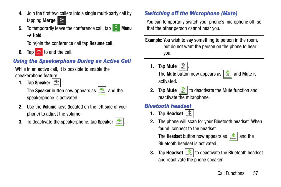 Using the speakerphone during an active call, Switching off the microphone (mute), Bluetooth headset | Samsung galaxy S5 User Manual | Page 65 / 214