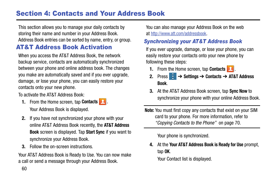 Section 4: contacts and your address book, At&t address book activation | Samsung galaxy S5 User Manual | Page 68 / 214