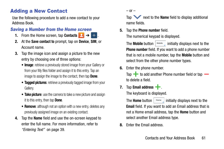 Adding a new contact | Samsung galaxy S5 User Manual | Page 69 / 214