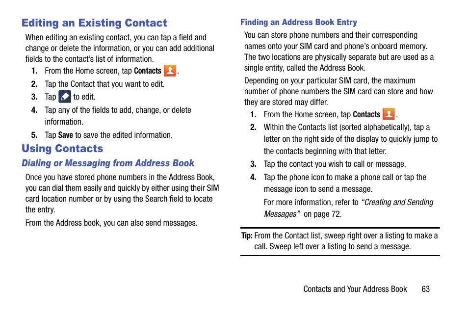 Editing an existing contact, Using contacts, Editing an existing contact using contacts | Samsung galaxy S5 User Manual | Page 71 / 214