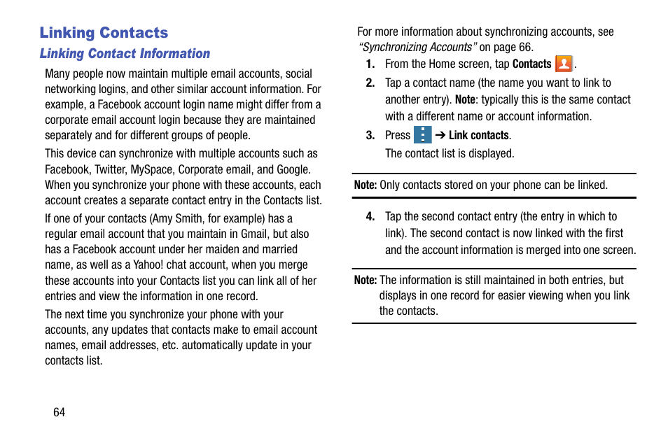 Linking contacts | Samsung galaxy S5 User Manual | Page 72 / 214