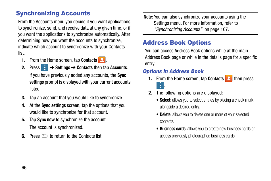 Synchronizing accounts, Address book options, Synchronizing accounts address book options | Samsung galaxy S5 User Manual | Page 74 / 214