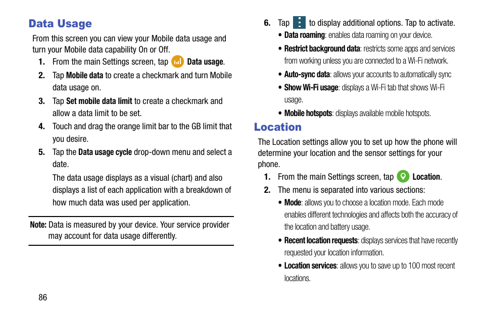 Data usage, Location | Samsung galaxy S5 User Manual | Page 94 / 214