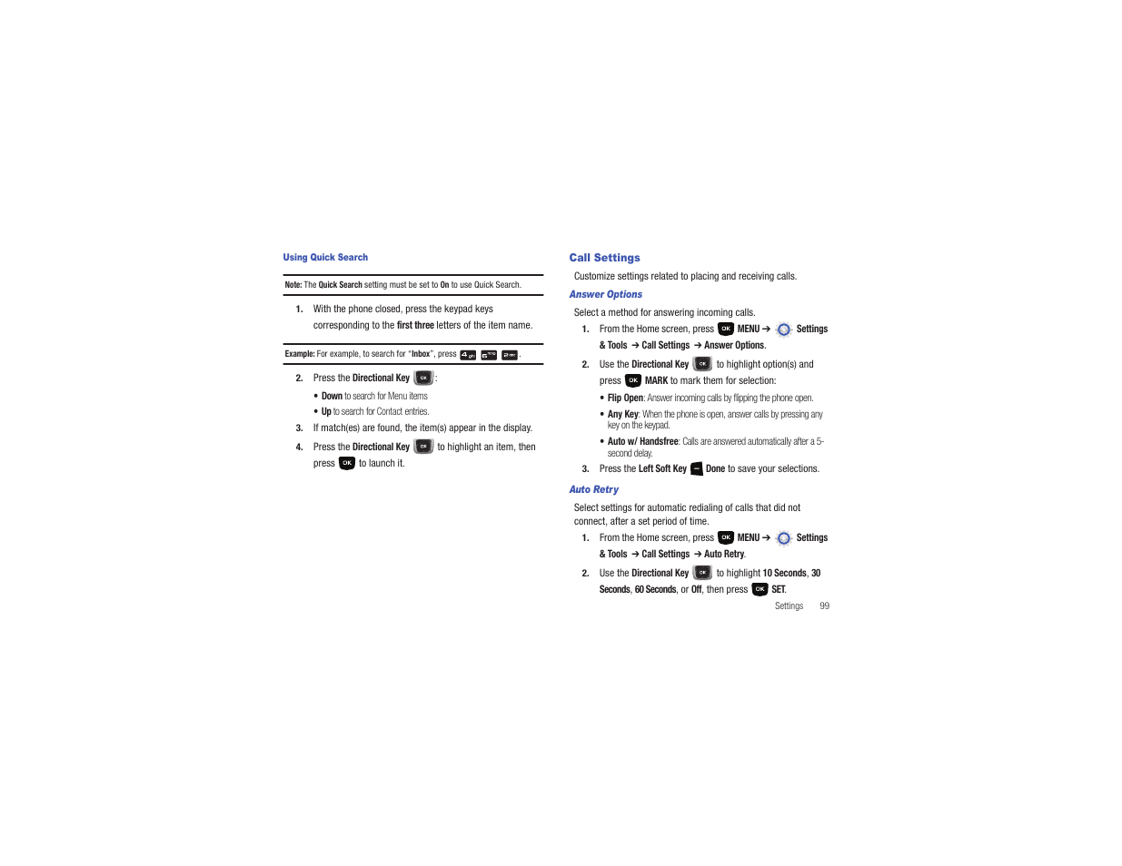 Call settings | Samsung Gusto User Manual | Page 104 / 152