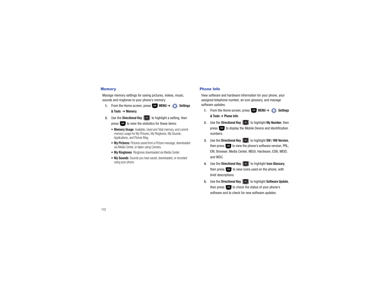 Memory, Phone info, Memory phone info | Samsung Gusto User Manual | Page 107 / 152