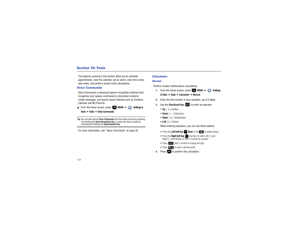 Section 10: tools, Voice commands, Calculator | Voice commands calculator | Samsung Gusto User Manual | Page 109 / 152