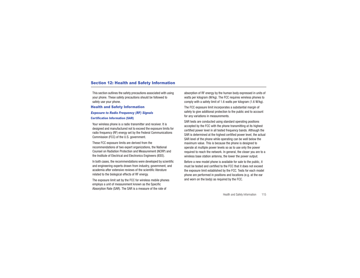 Section 12: health and safety information, Health and safety information | Samsung Gusto User Manual | Page 120 / 152