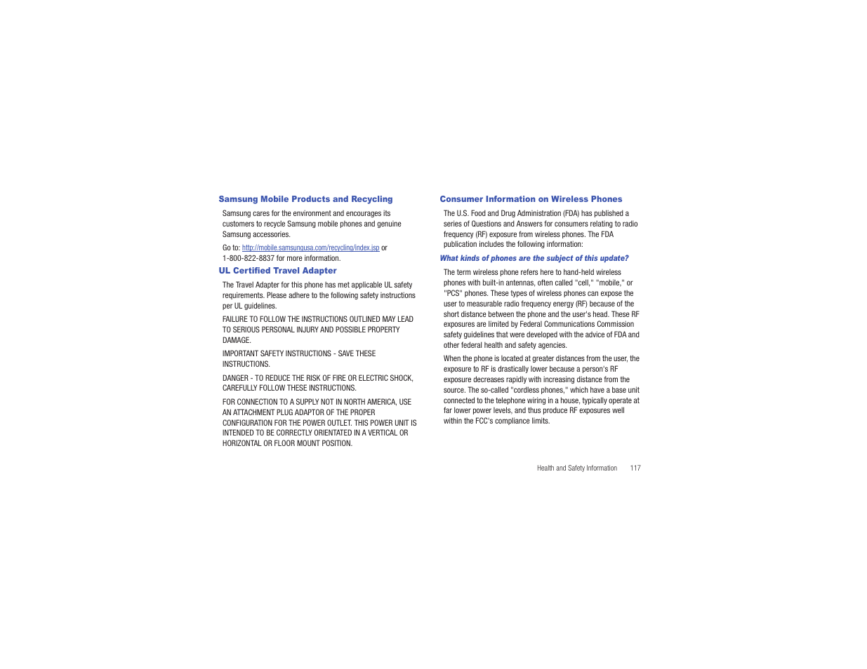 Samsung mobile products and recycling, Ul certified travel adapter, Consumer information on wireless phones | Samsung Gusto User Manual | Page 122 / 152