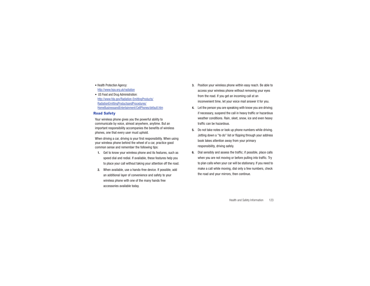 Road safety | Samsung Gusto User Manual | Page 128 / 152
