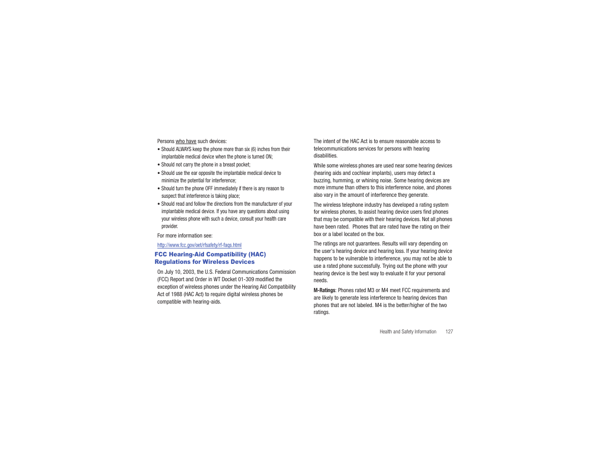 Fcc hearing-aid compatibility (hac) regulations, For wireless devices | Samsung Gusto User Manual | Page 132 / 152