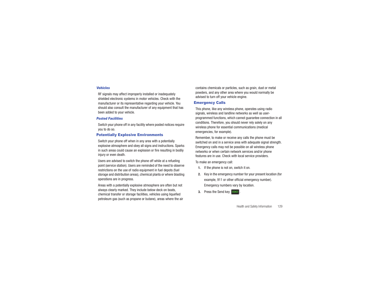 Potentially explosive environments, Emergency calls, Potentially explosive environments emergency calls | Samsung Gusto User Manual | Page 134 / 152