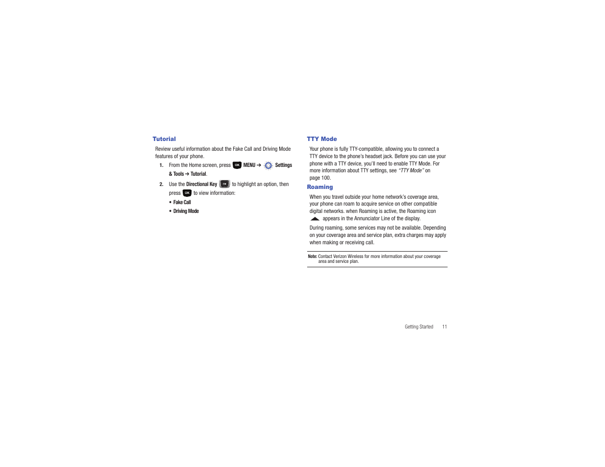 Tutorial, Tty mode, Roaming | Tutorial tty mode roaming | Samsung Gusto User Manual | Page 16 / 152