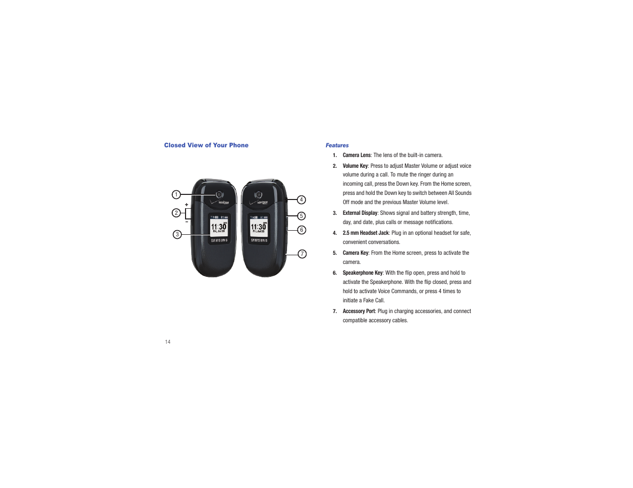 Closed view of your phone | Samsung Gusto User Manual | Page 19 / 152
