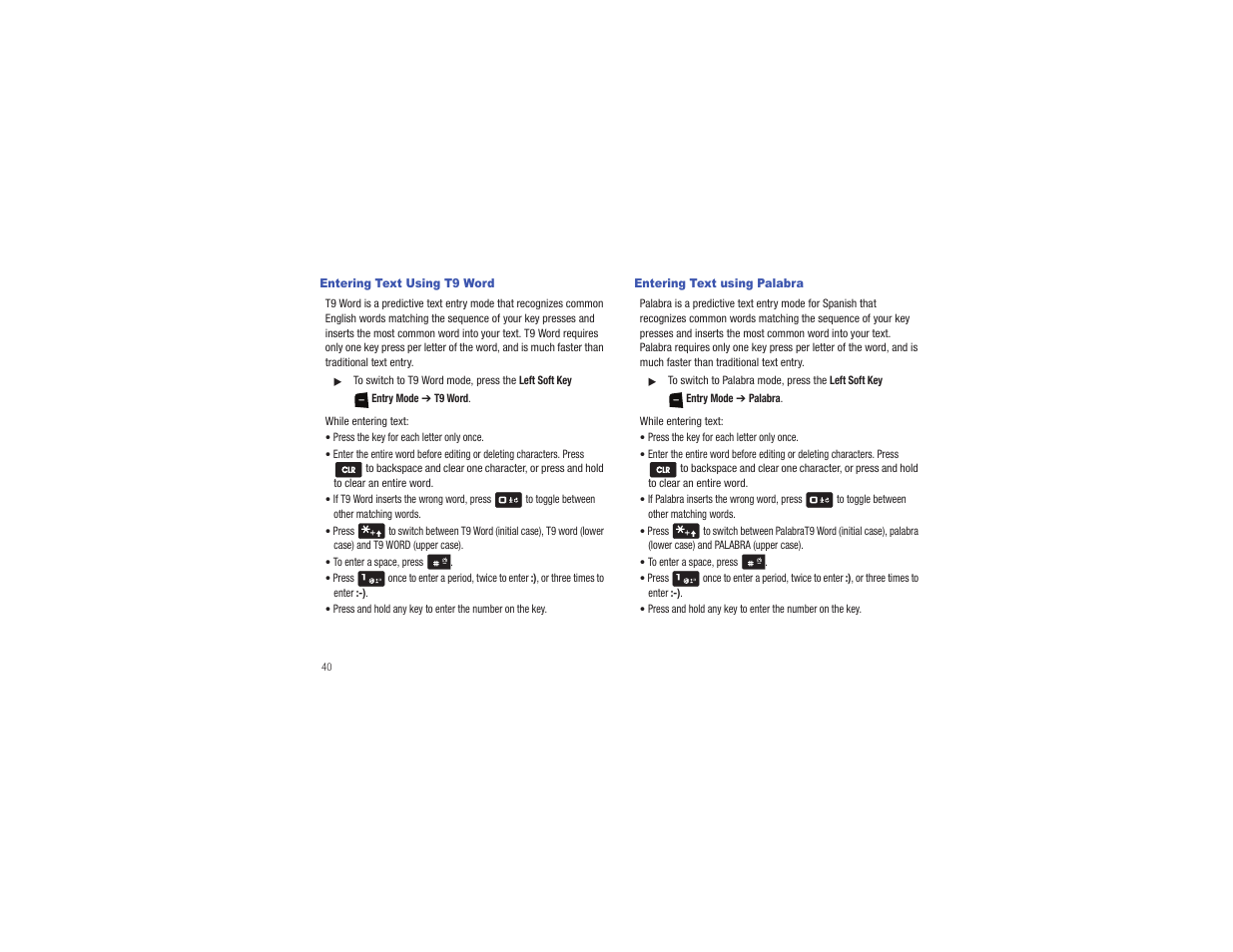 Entering text using t9 word, Entering text using palabra | Samsung Gusto User Manual | Page 45 / 152
