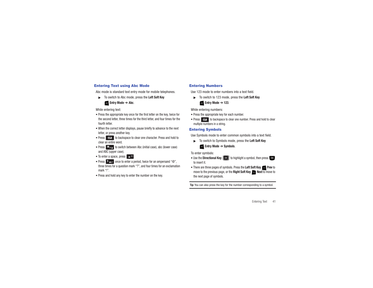 Entering text using abc mode, Entering numbers, Entering symbols | Samsung Gusto User Manual | Page 46 / 152