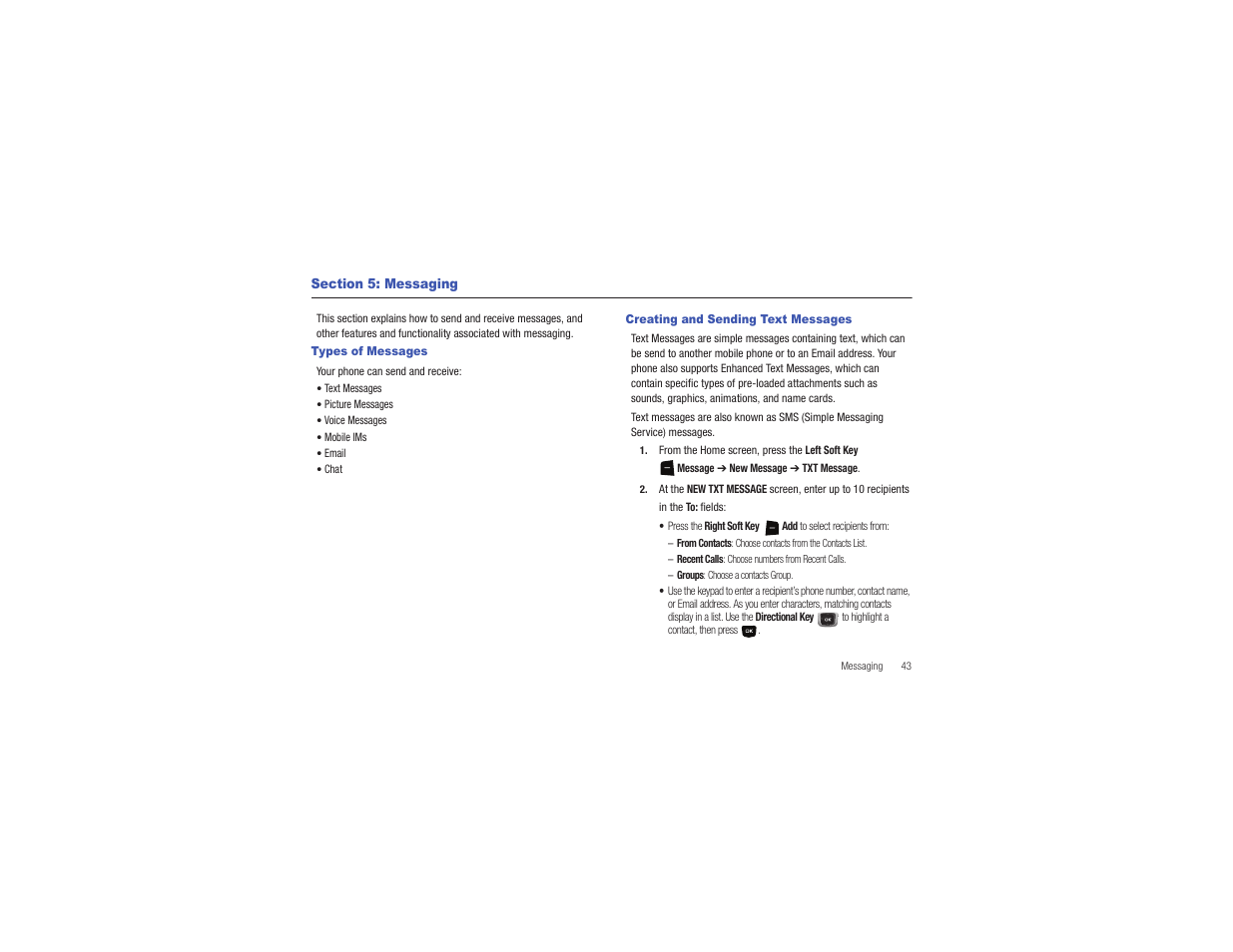 Section 5: messaging, Types of messages, Creating and sending text messages | Samsung Gusto User Manual | Page 48 / 152
