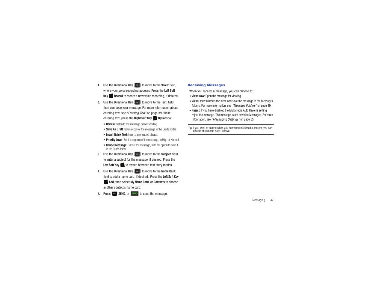 Receiving messages | Samsung Gusto User Manual | Page 52 / 152