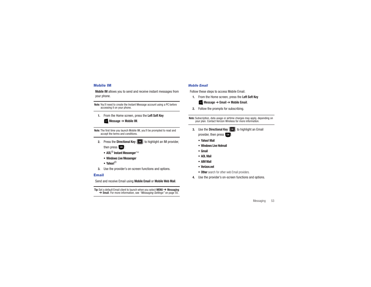 Mobile im, Email, Mobile im email | Samsung Gusto User Manual | Page 58 / 152