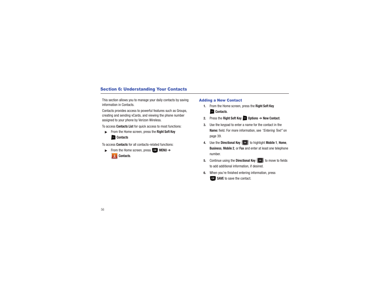 Section 6: understanding your contacts, Adding a new contact | Samsung Gusto User Manual | Page 61 / 152