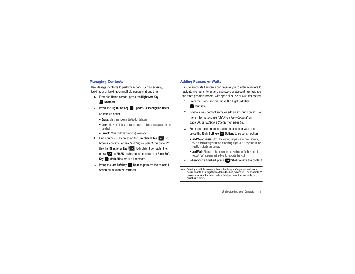 Managing contacts, Adding pauses or waits, Managing contacts adding pauses or waits | Samsung Gusto User Manual | Page 66 / 152